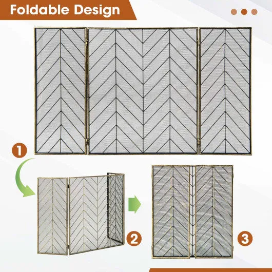 3-Panel Metal Foldable Fireplace Screen with Metal Mesh-Bronze