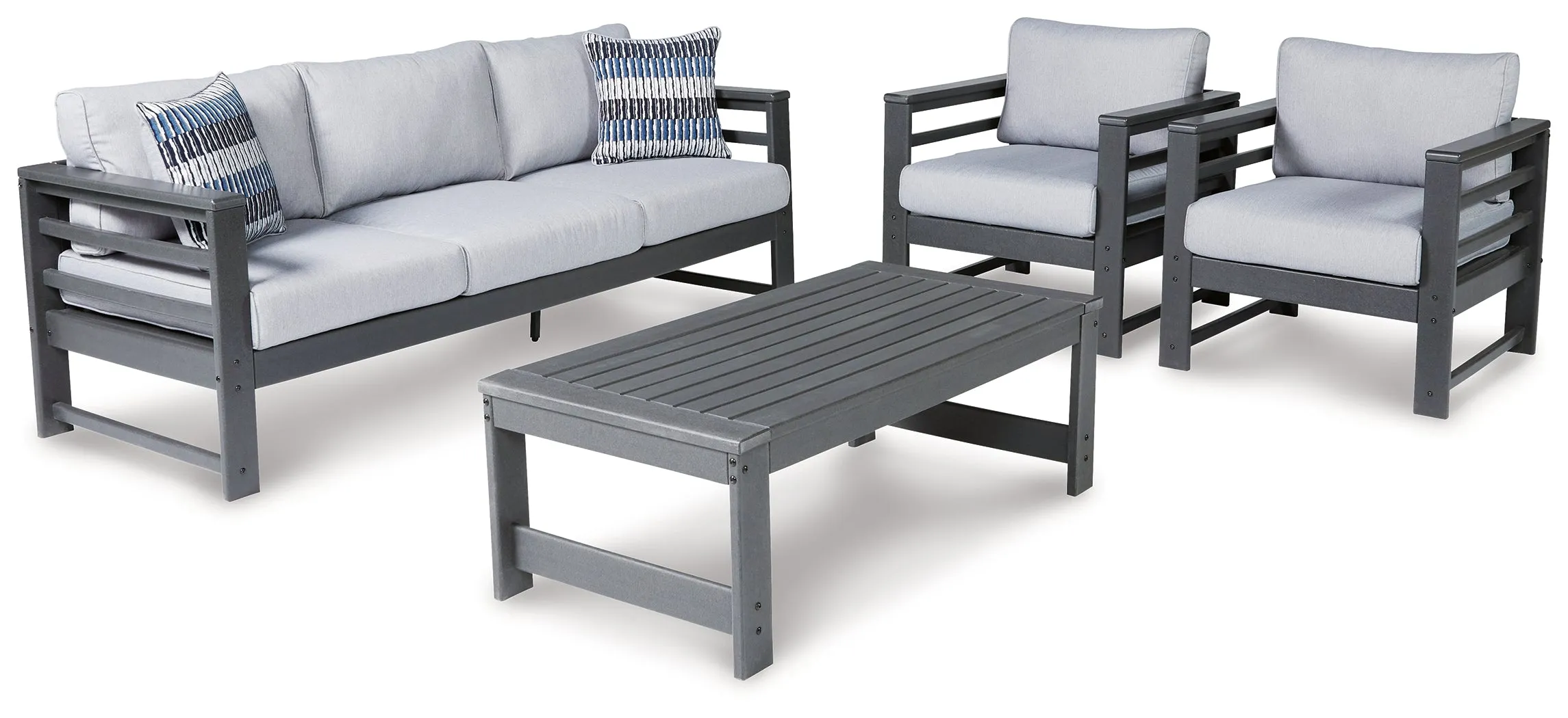 Amora Outdoor Sofa and 2 Chairs with Coffee Table in Charcoal Gray