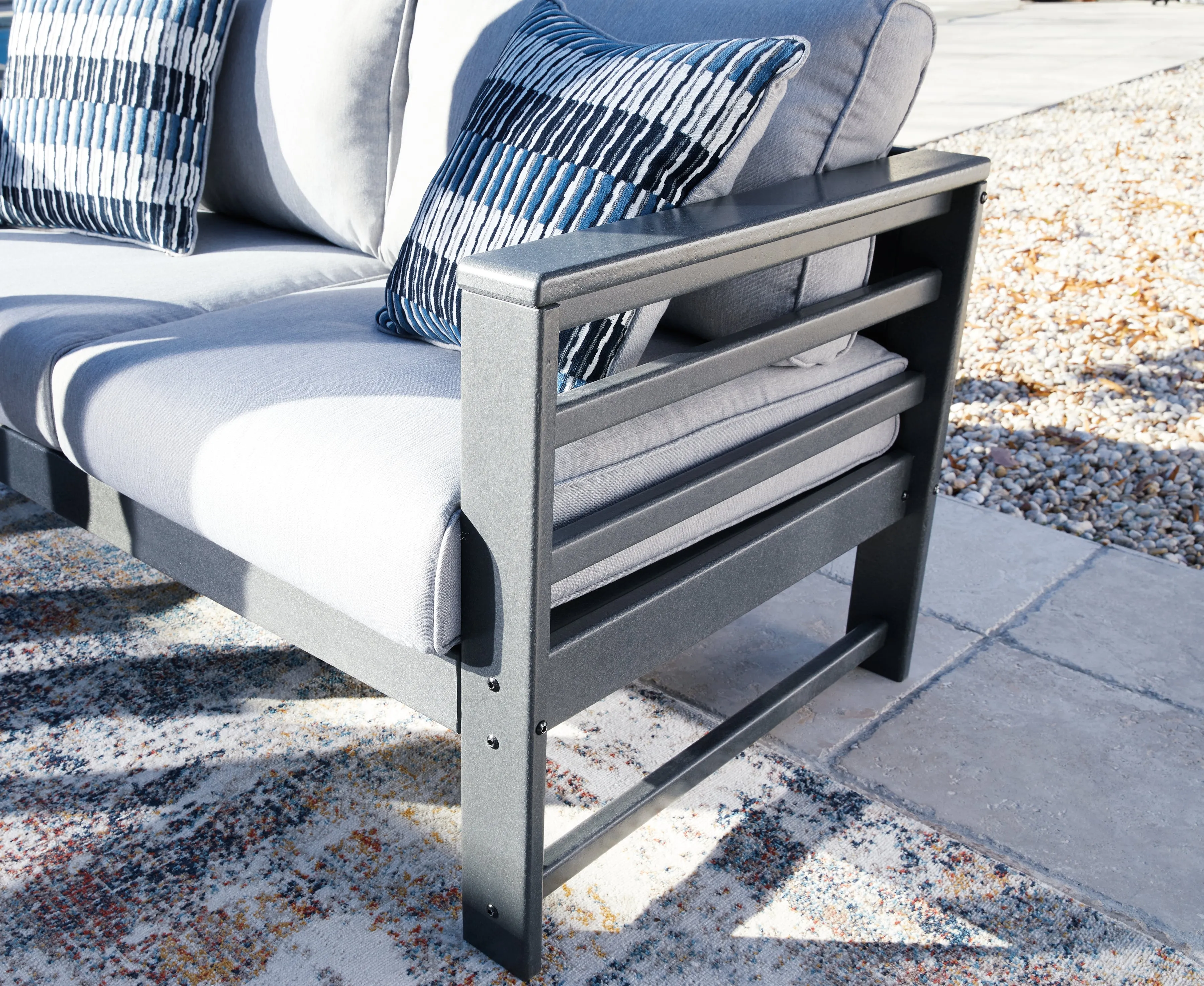 Amora Outdoor Sofa and 2 Chairs with Coffee Table in Charcoal Gray