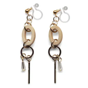 Beige Wood and Gold Hoop Invisible Clip On Earrings