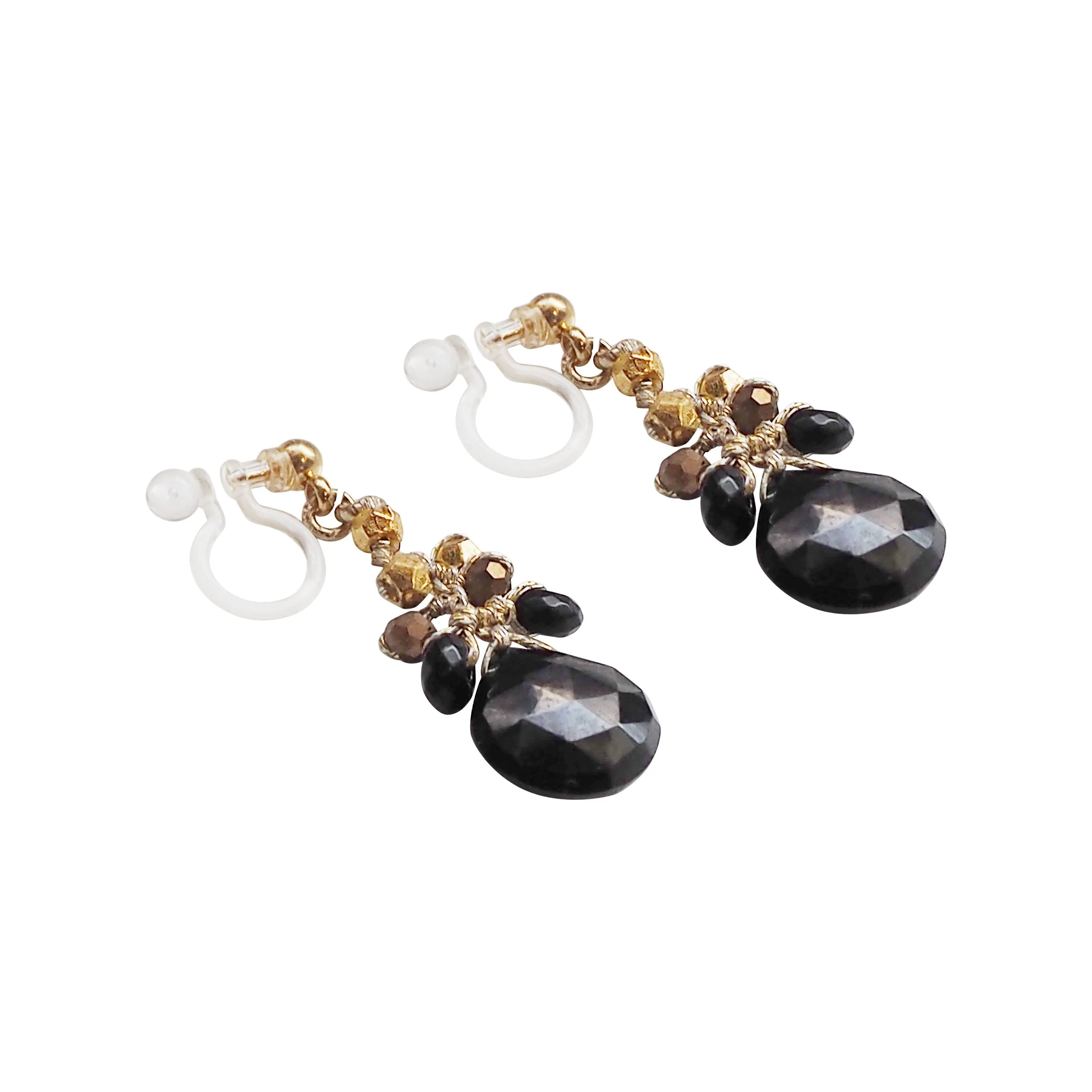 Black Chalcedony Invisible Clip On Earrings