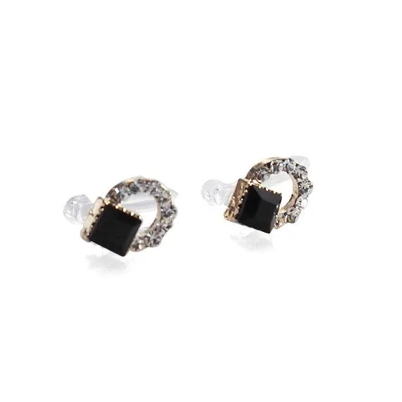 Black Swarovski Hoop Rhinestone Invisible Clip On Stud Earrings