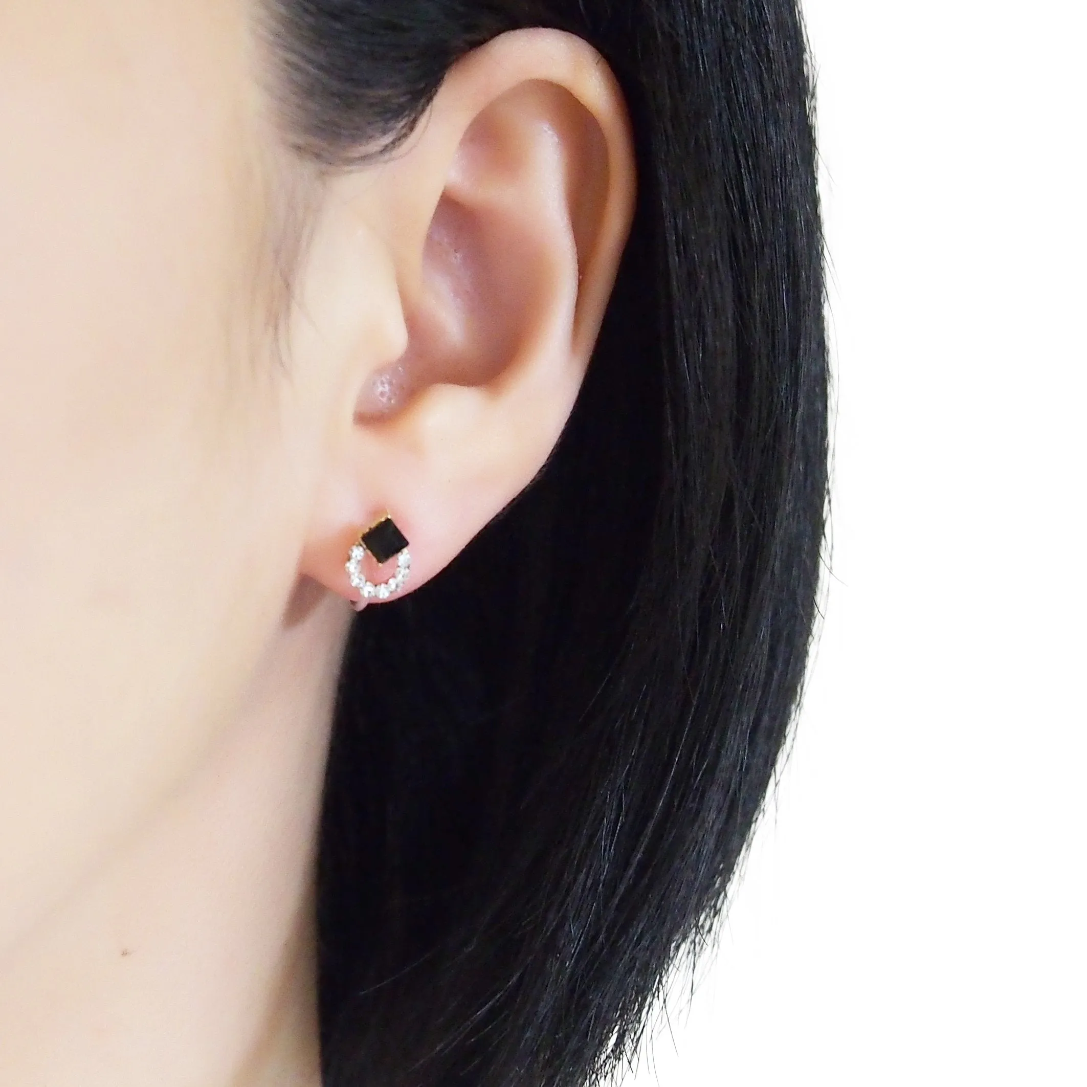 Black Swarovski Hoop Rhinestone Invisible Clip On Stud Earrings
