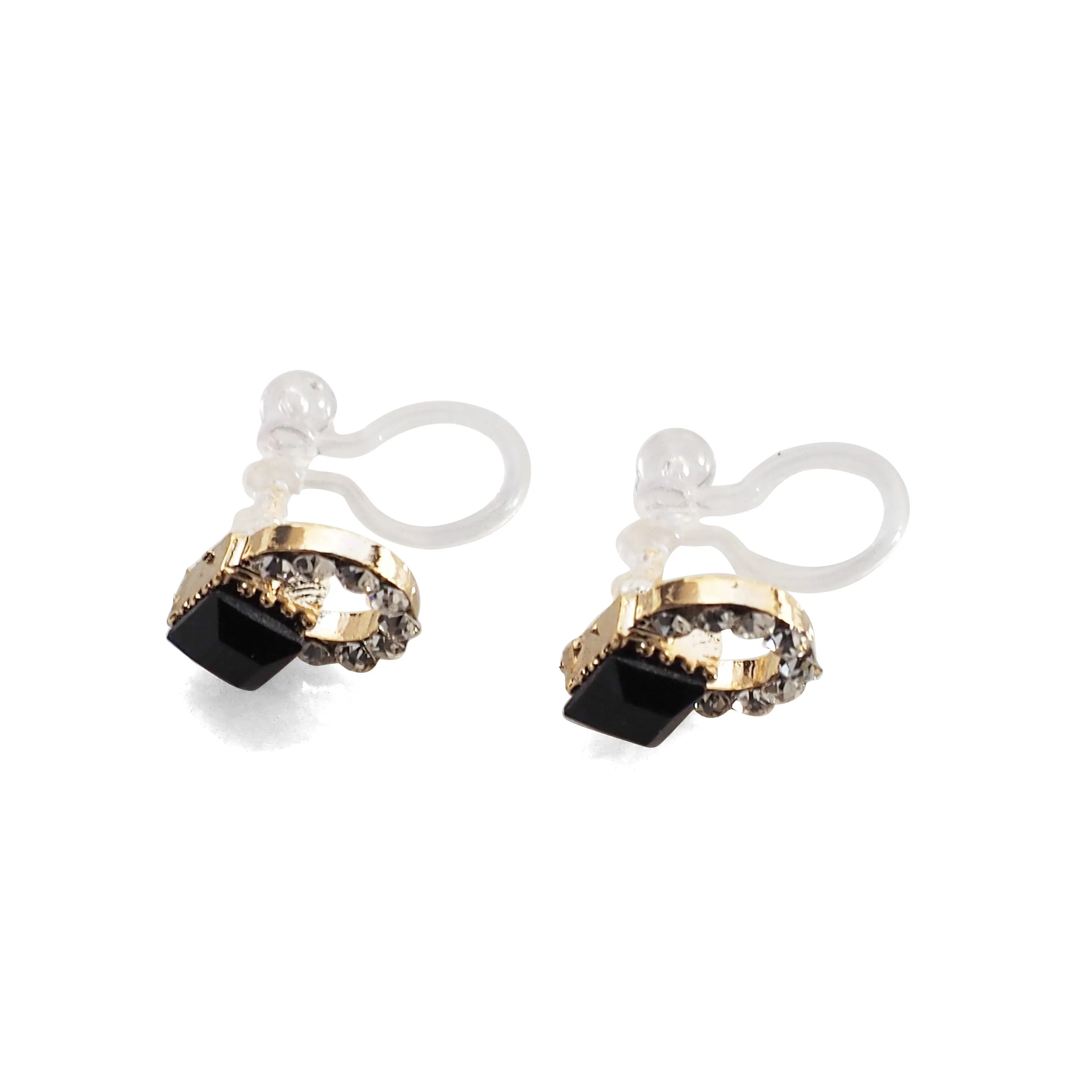 Black Swarovski Hoop Rhinestone Invisible Clip On Stud Earrings
