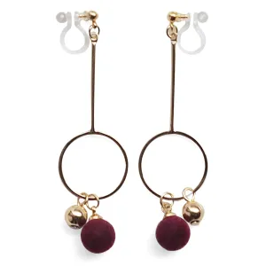 Burgundy Velvet and Gold Ball Invisible Clip On Earrings