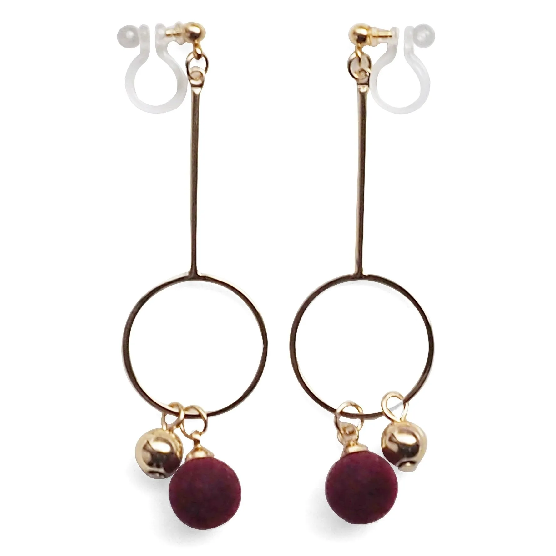 Burgundy Velvet and Gold Ball Invisible Clip On Earrings