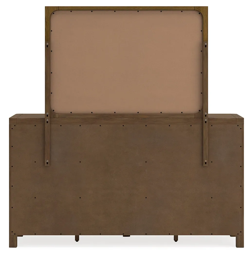 Cabalynn King Upholstered Bed with Mirrored Dresser and Chest in Light Brown