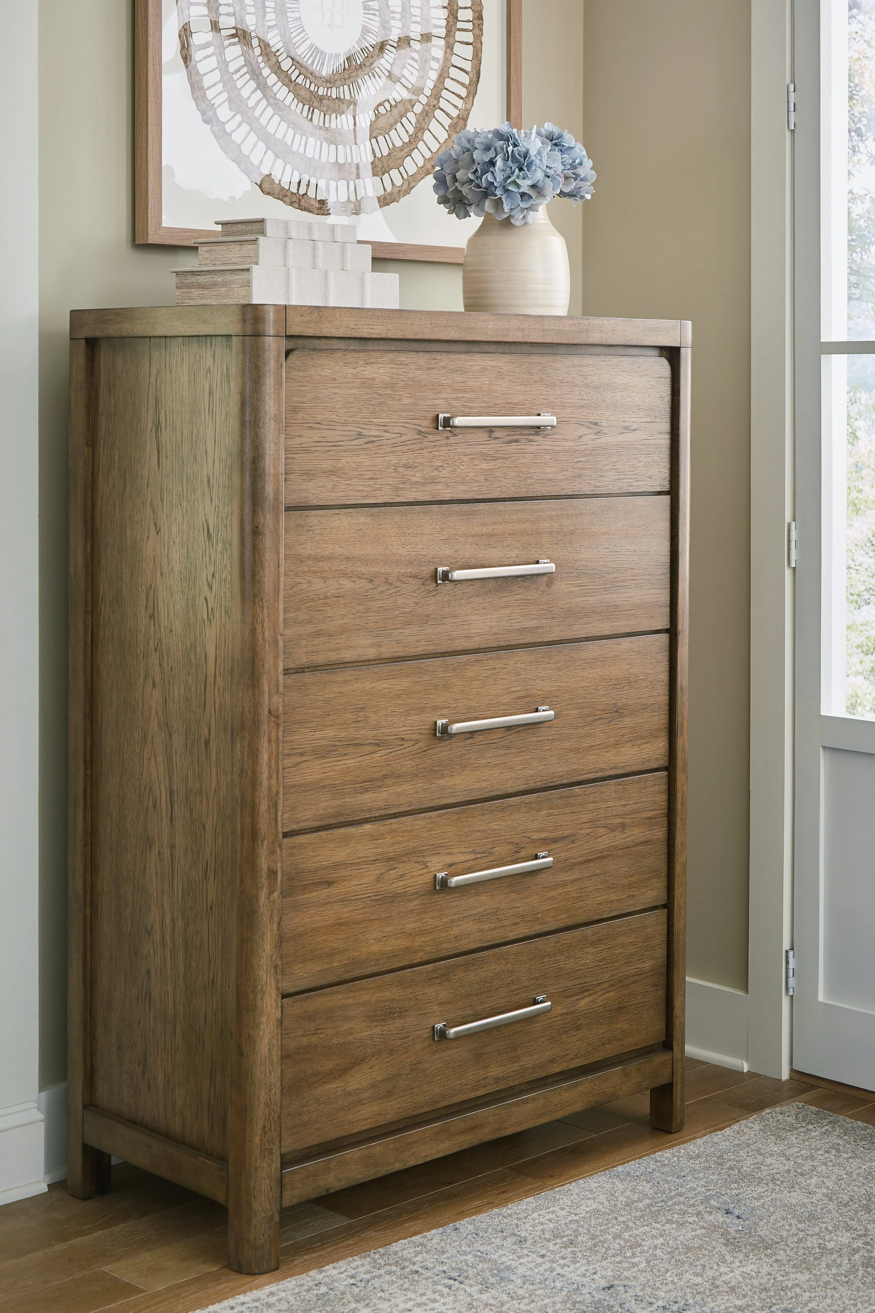 Cabalynn King Upholstered Bed with Mirrored Dresser and Chest in Light Brown