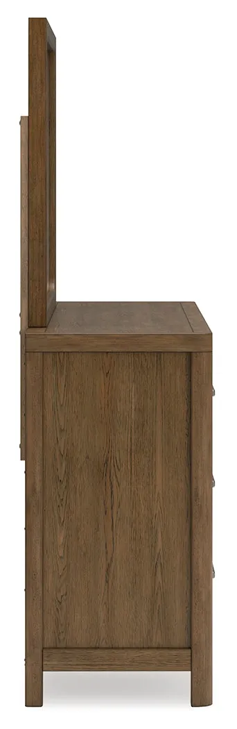 Cabalynn King Upholstered Bed with Mirrored Dresser and Chest in Light Brown