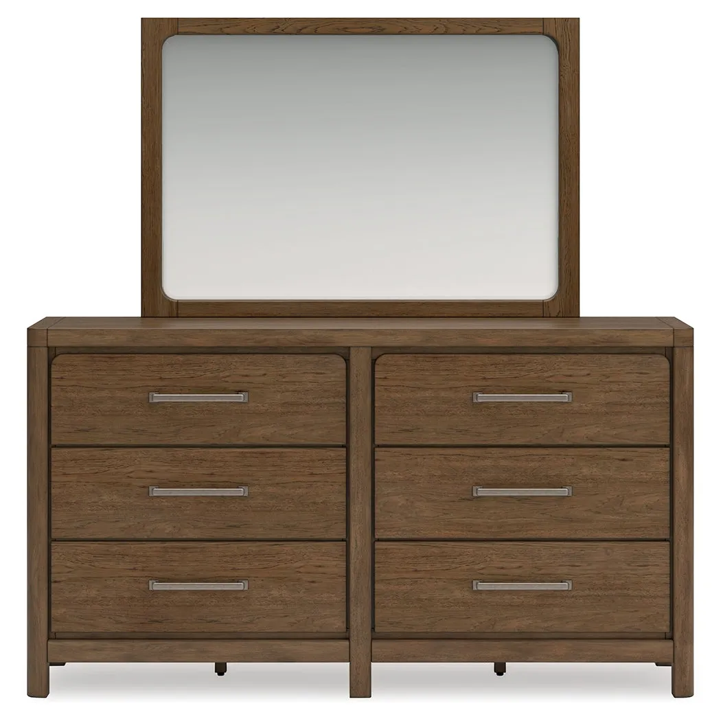 Cabalynn King Upholstered Bed with Mirrored Dresser and Chest in Light Brown