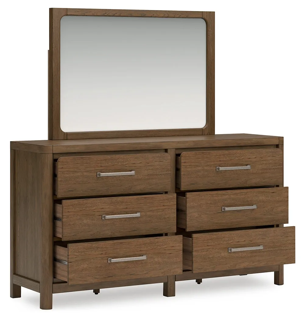 Cabalynn King Upholstered Bed with Mirrored Dresser and Chest in Light Brown