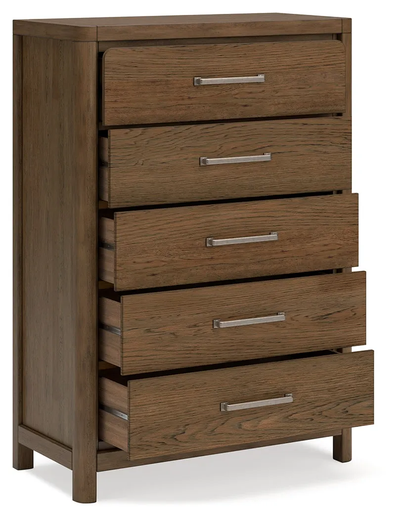 Cabalynn King Upholstered Bed with Mirrored Dresser and Chest in Light Brown