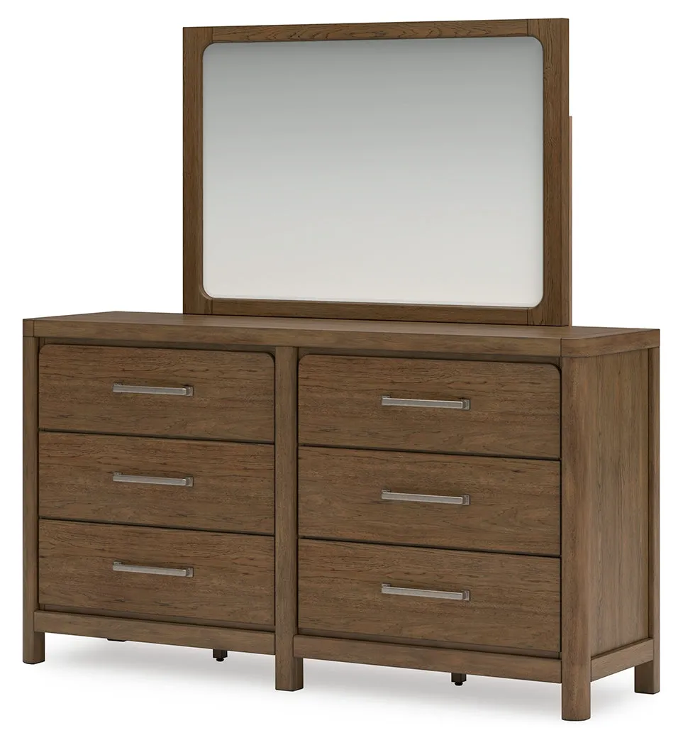 Cabalynn King Upholstered Bed with Mirrored Dresser and Chest in Light Brown