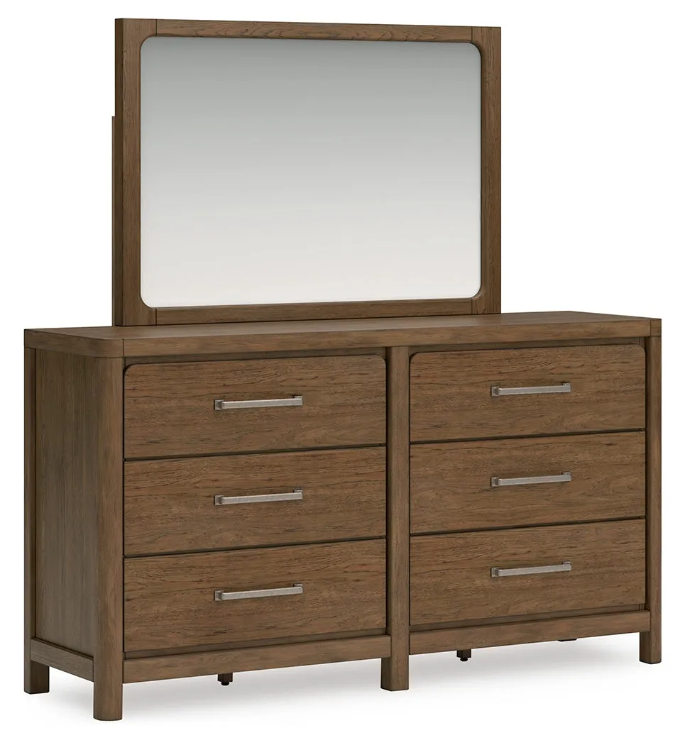 Cabalynn King Upholstered Bed with Mirrored Dresser and Chest in Light Brown
