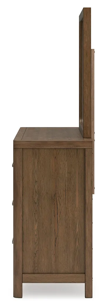 Cabalynn King Upholstered Bed with Mirrored Dresser and Chest in Light Brown
