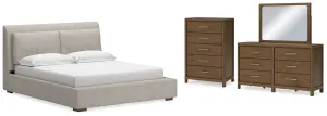 Cabalynn King Upholstered Bed with Mirrored Dresser and Chest in Light Brown