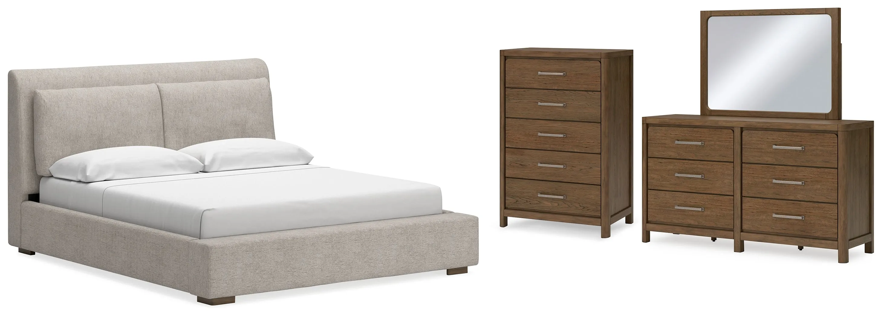 Cabalynn King Upholstered Bed with Mirrored Dresser and Chest in Light Brown