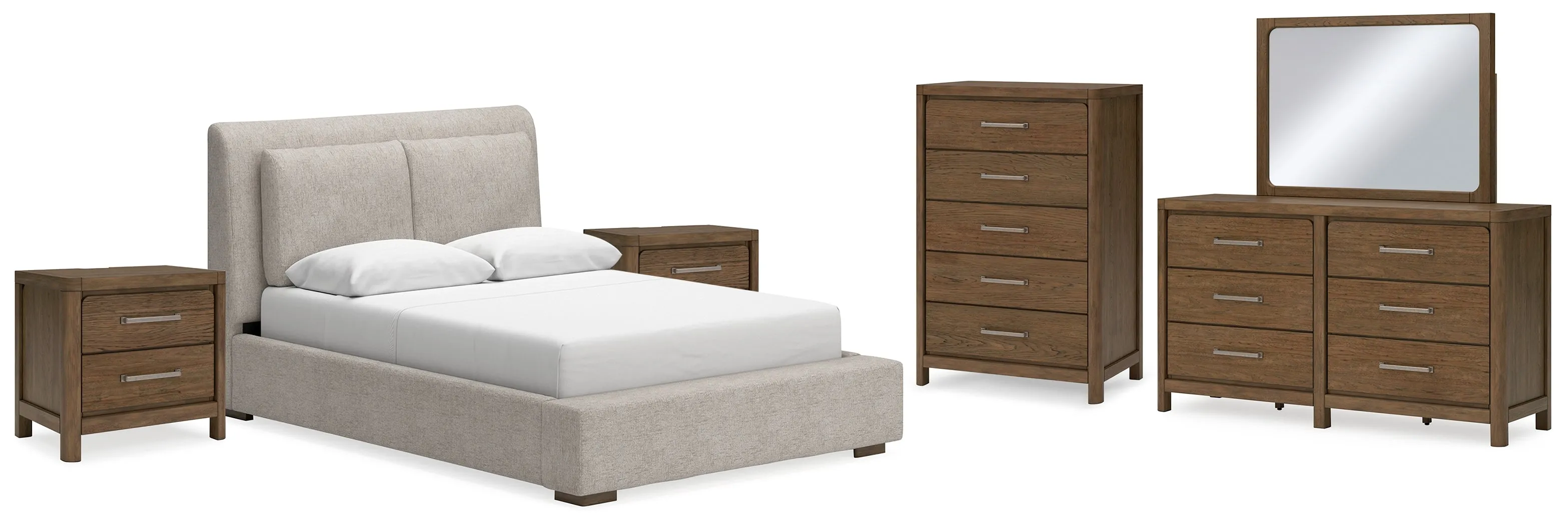 Cabalynn Queen Upholstered Bed with Mirrored Dresser, Chest and 2 Nightstands in Light Brown