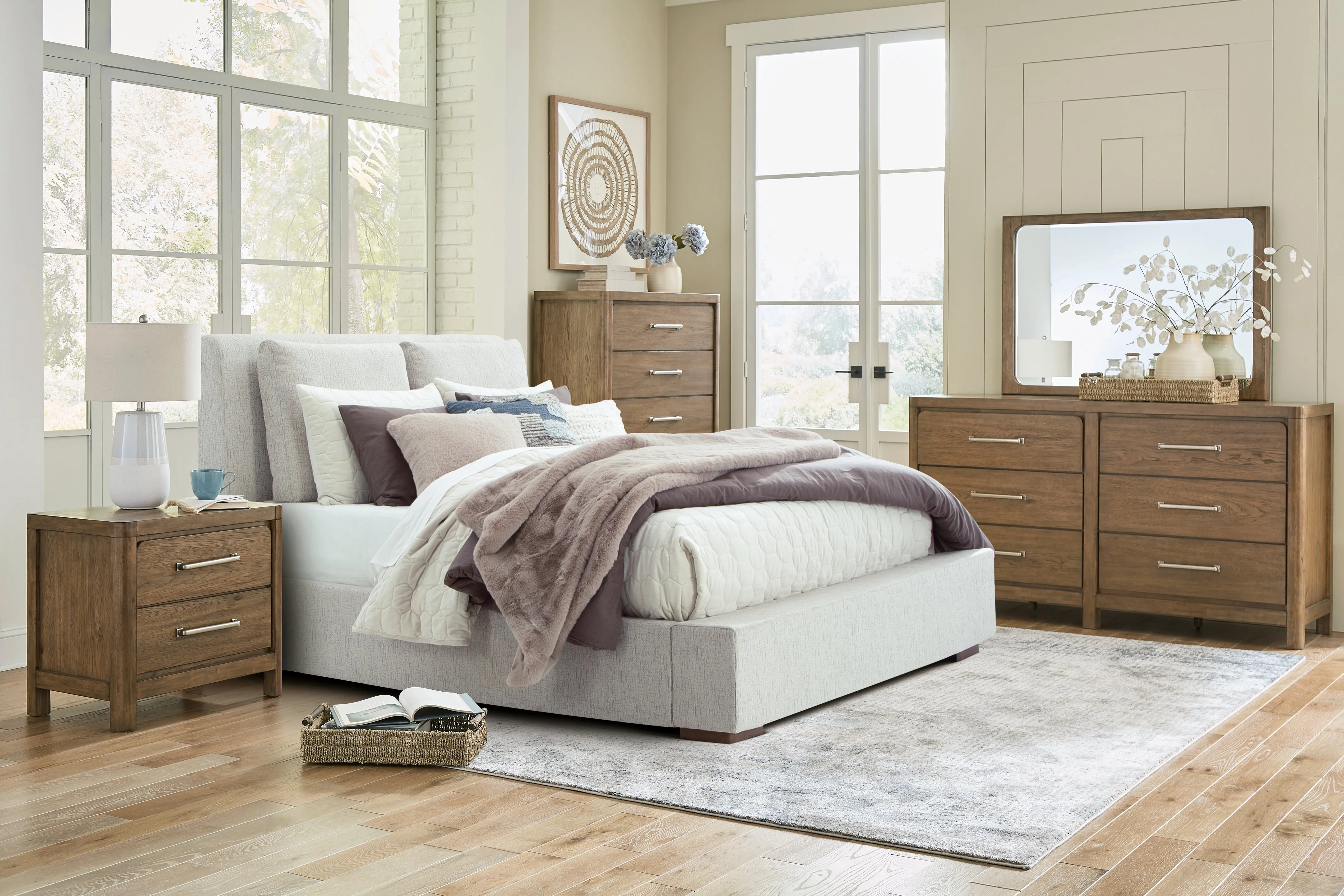 Cabalynn Queen Upholstered Bed with Mirrored Dresser, Chest and 2 Nightstands in Light Brown
