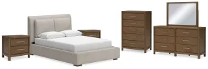 Cabalynn Queen Upholstered Bed with Mirrored Dresser, Chest and 2 Nightstands in Light Brown