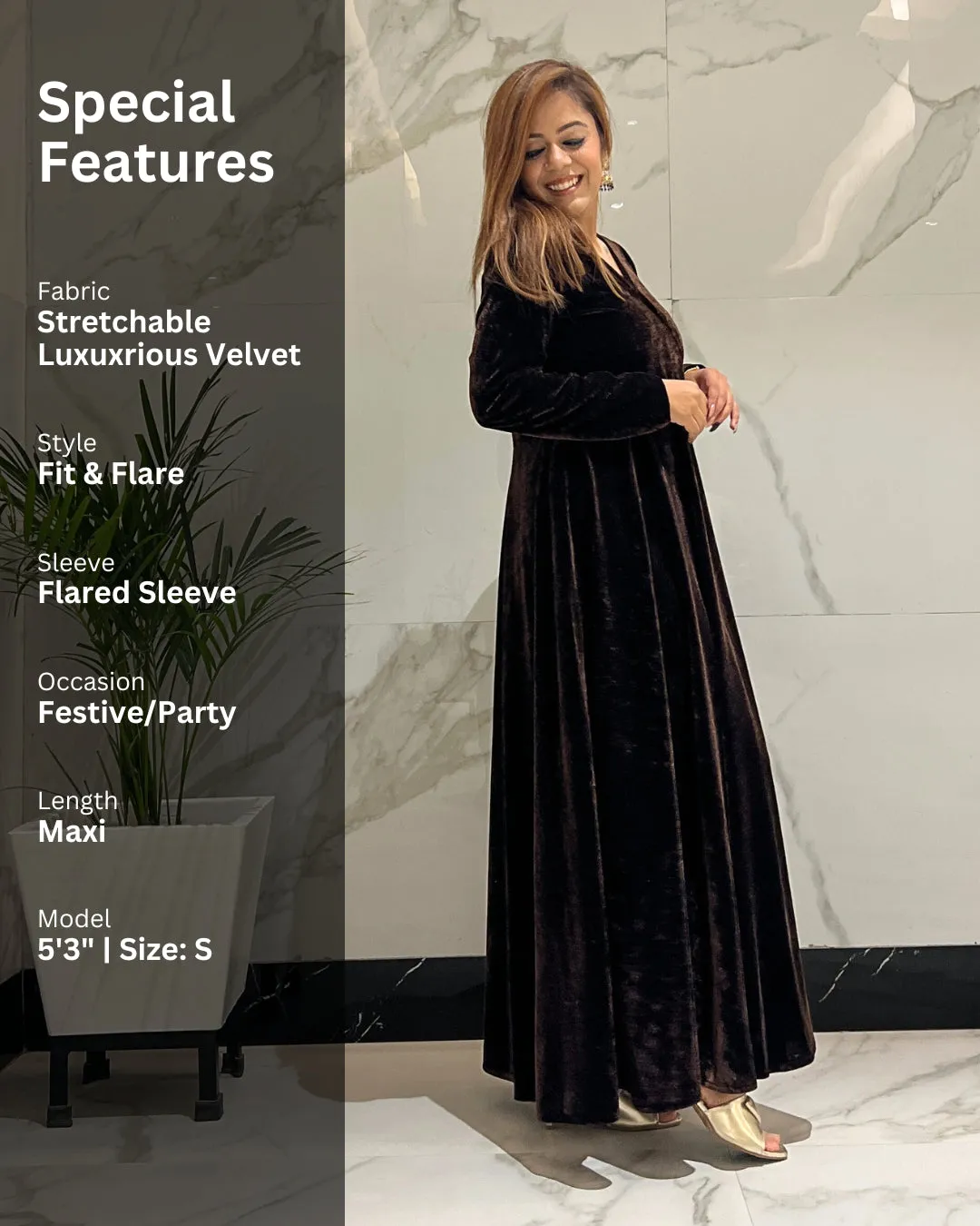 Clove Brown Fit and Flare Long Velvet Dress