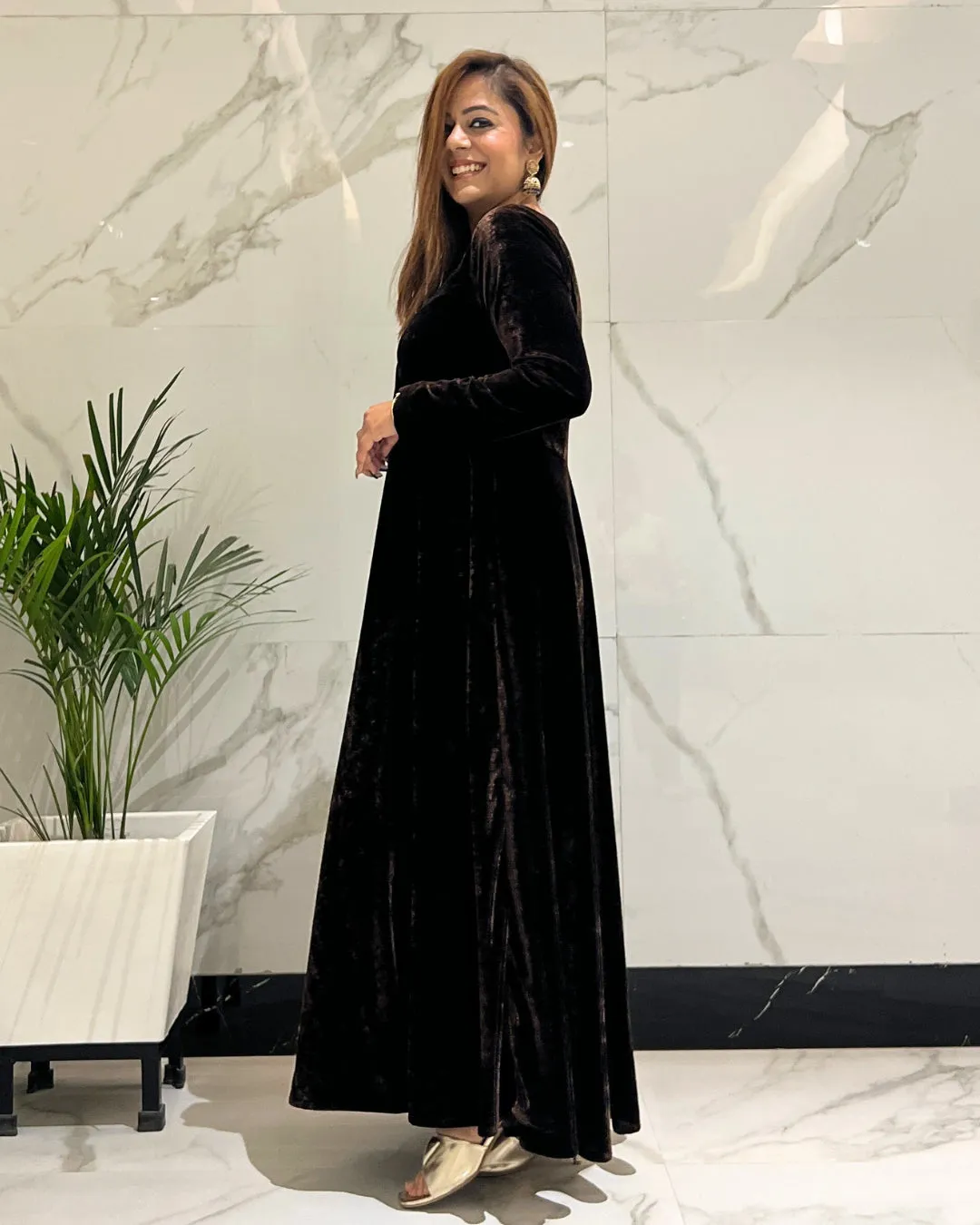Clove Brown Fit and Flare Long Velvet Dress