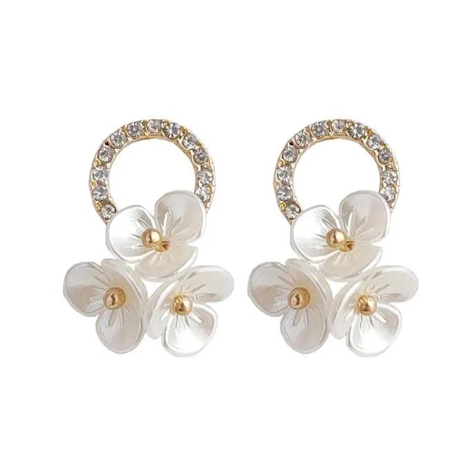 Crystal Rhinestone Pave With White Flower Invisible Clip On Earrings