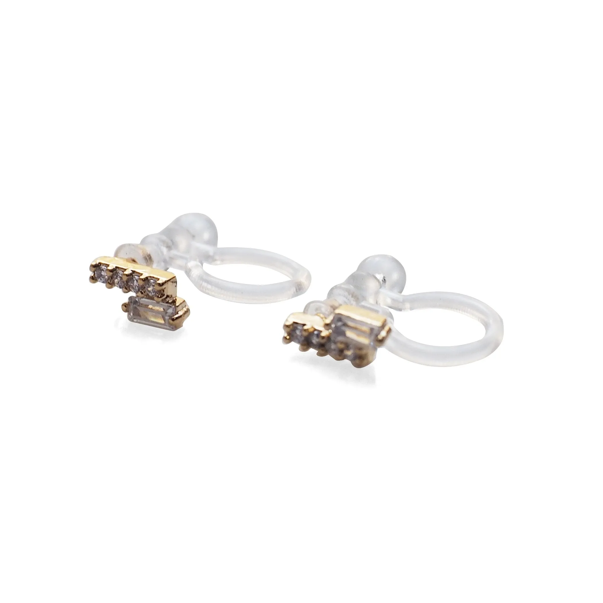 Cubic Zirconia Crystal Bar Invisible Clip On Stud Earrings ( Gold tone )