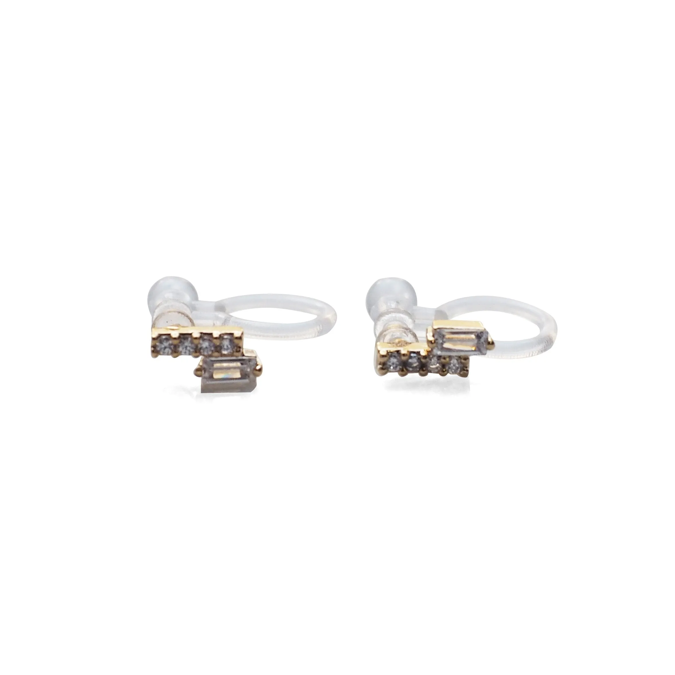 Cubic Zirconia Crystal Bar Invisible Clip On Stud Earrings ( Gold tone )