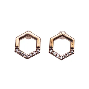 Cubic Zirconia Crystal Pave Hexagon Invisible Clip On Stud Earrings ( Rose gold tone )
