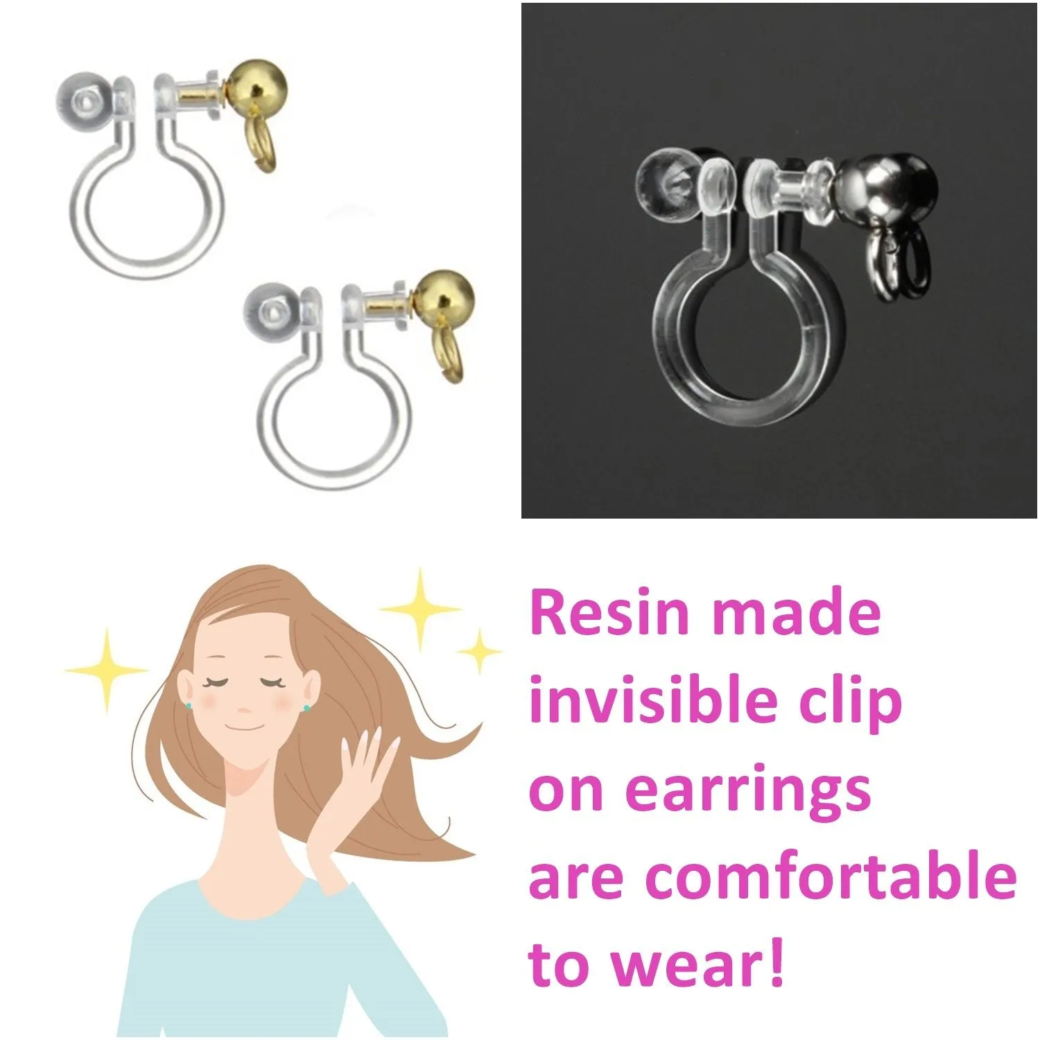 Dangle Black Cat Silver Pink Cherry Blossom Flower Invisible Clip On Earrings