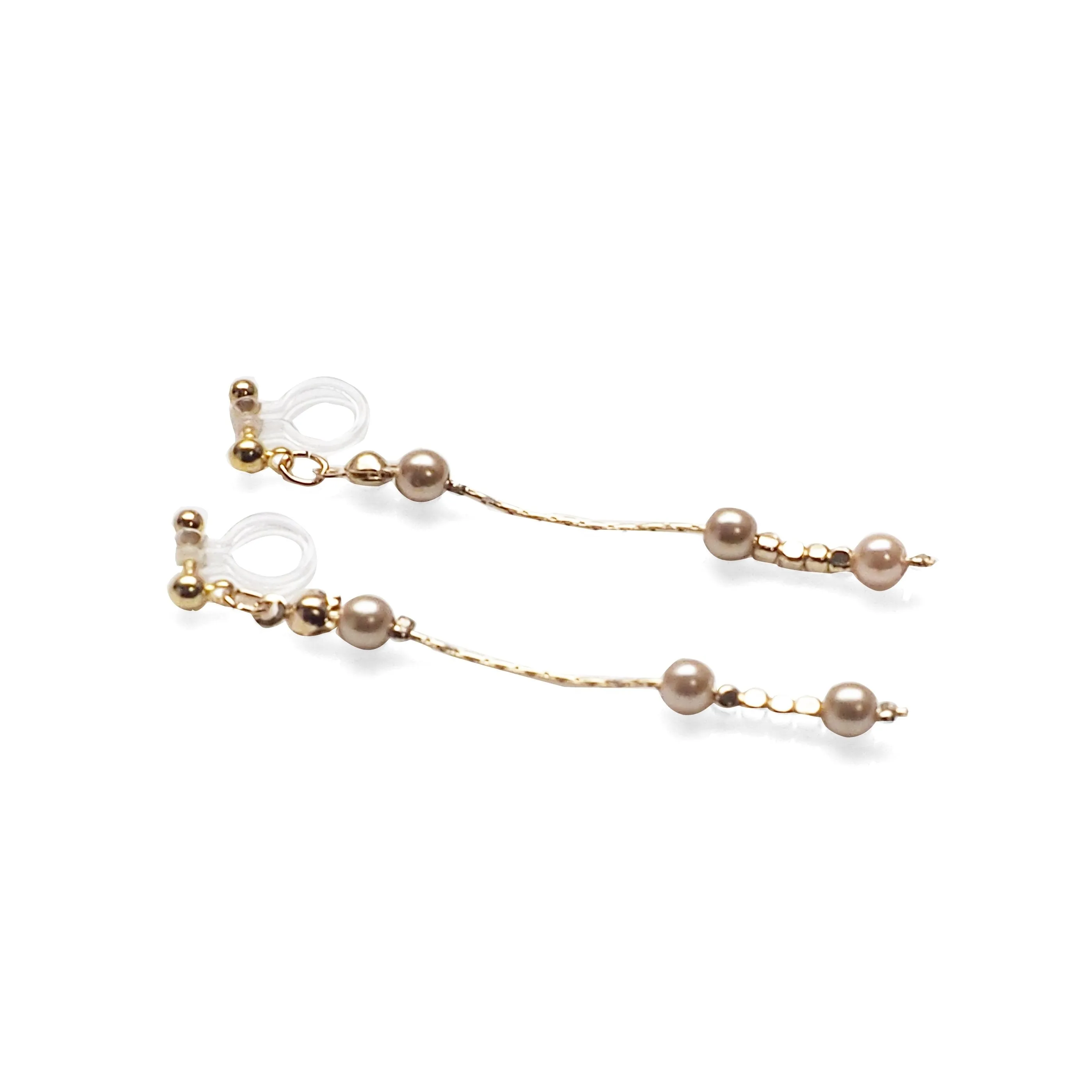 Dangle orange pearls & gold chain invisible clip on earrings