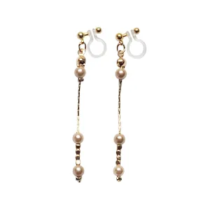 Dangle orange pearls & gold chain invisible clip on earrings