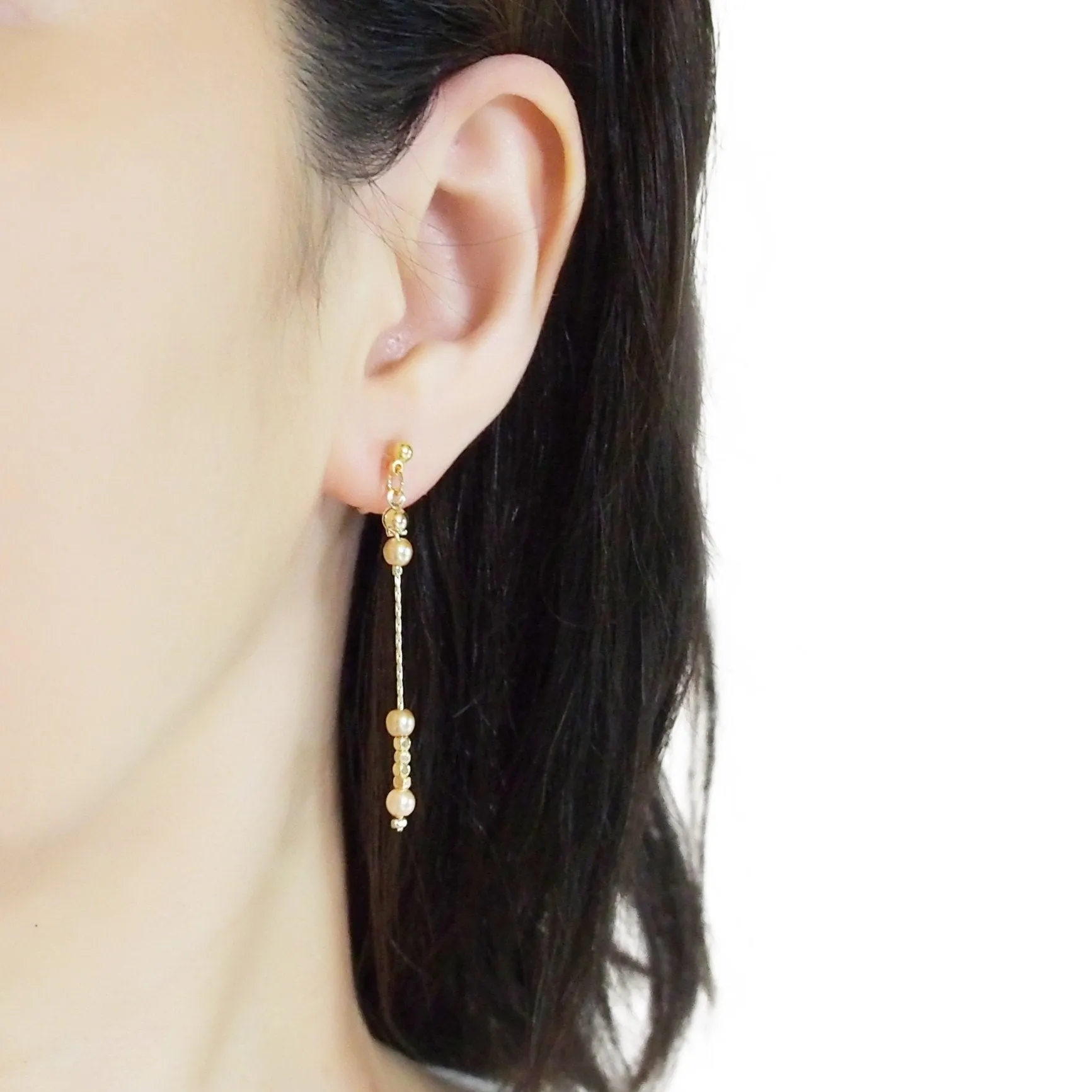 Dangle orange pearls & gold chain invisible clip on earrings