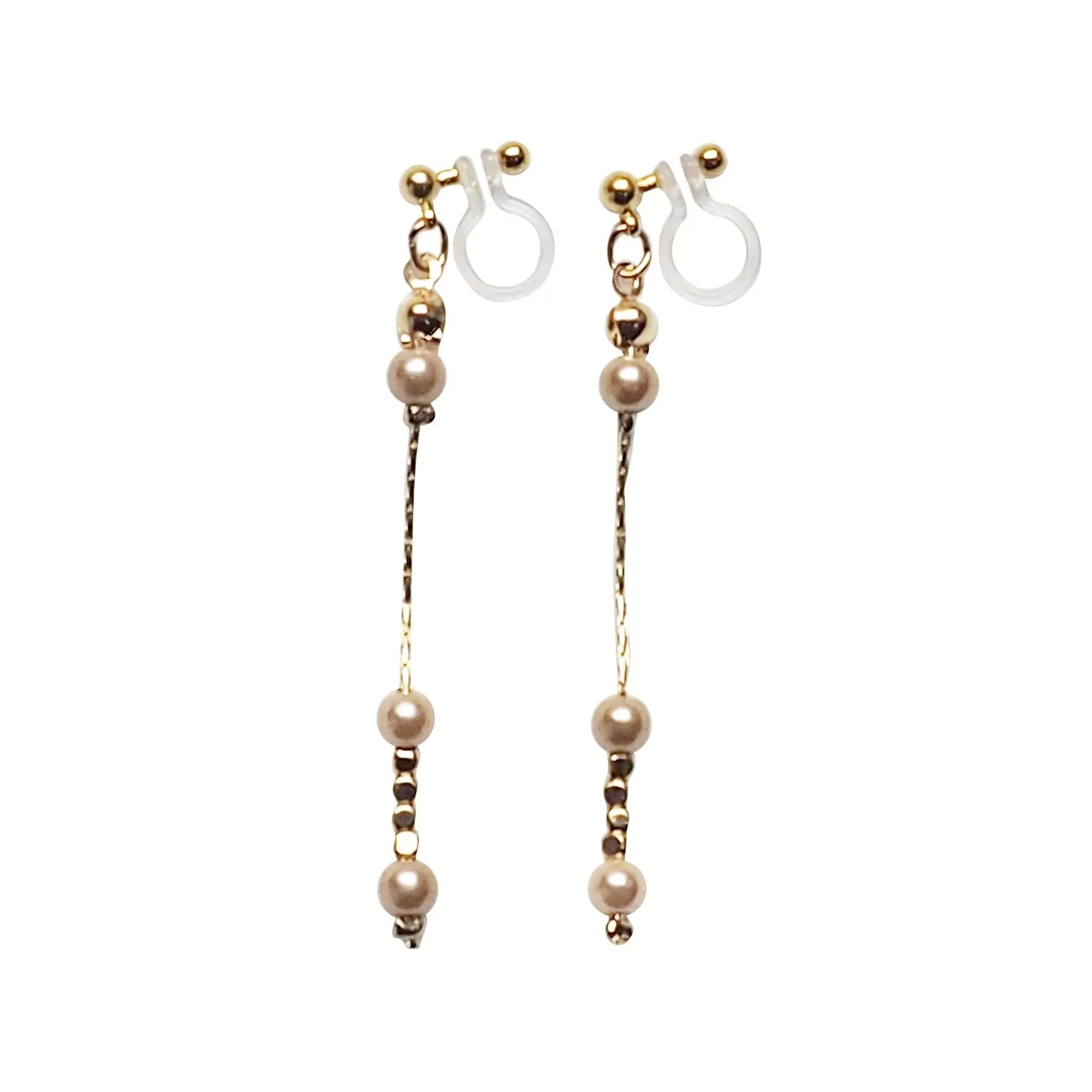 Dangle orange pearls & gold chain invisible clip on earrings