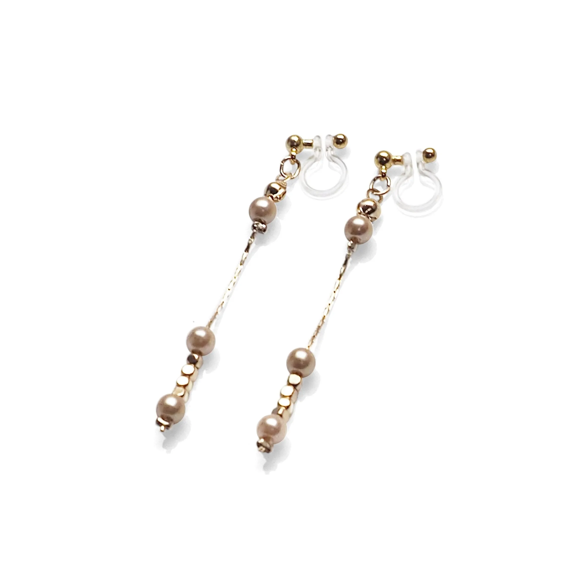 Dangle orange pearls & gold chain invisible clip on earrings