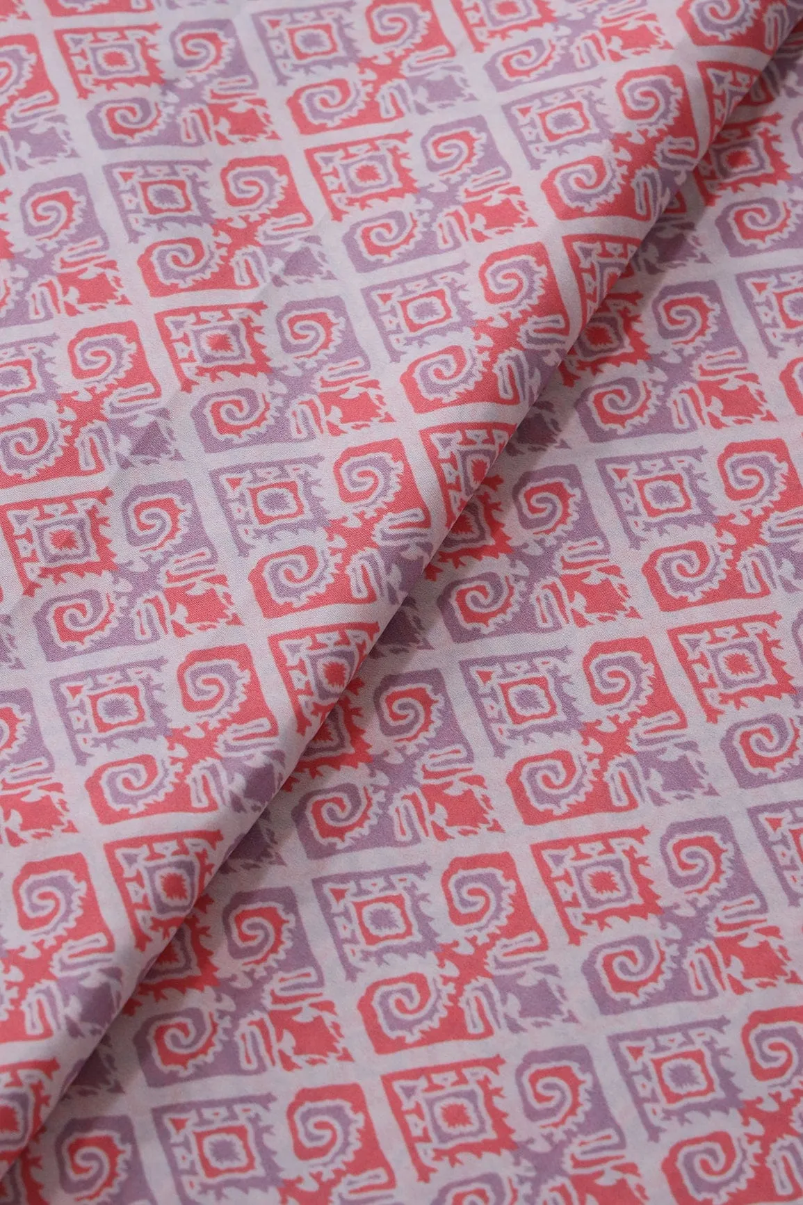 Dark Peach And Lavender Geometric Pattern Digital Print On French Crepe Fabric