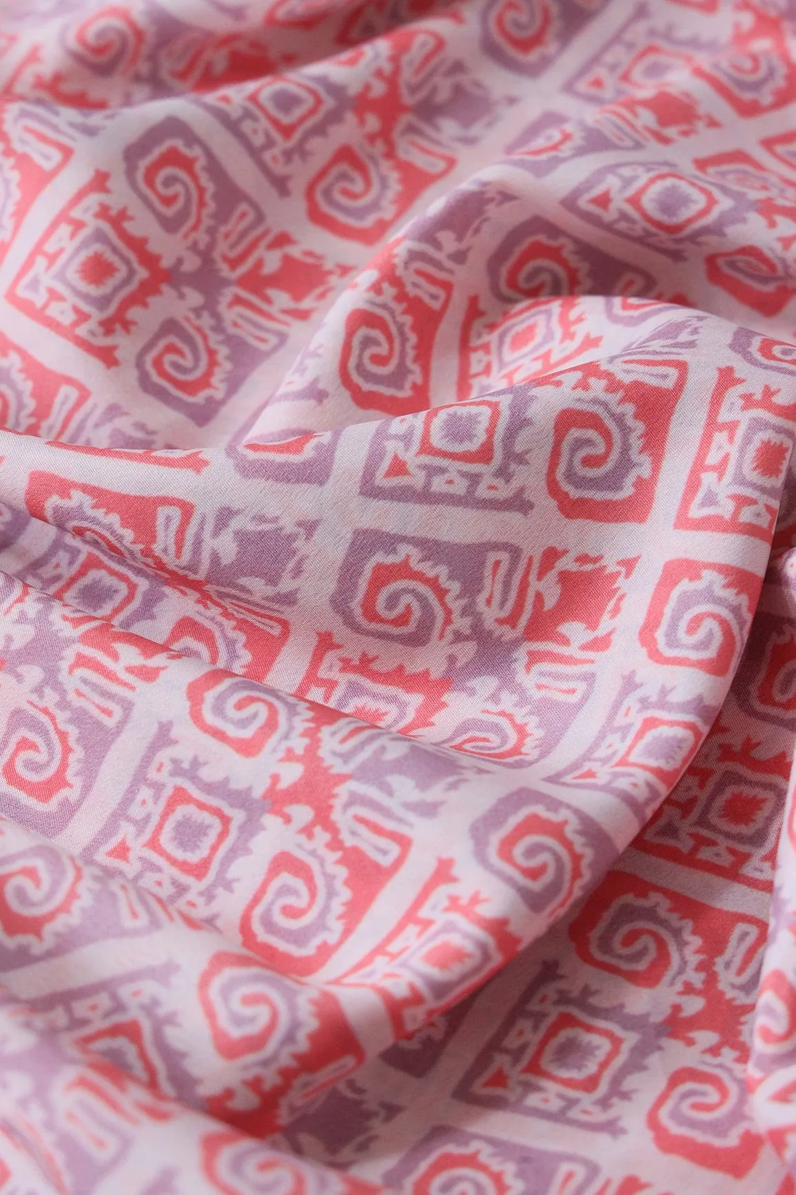 Dark Peach And Lavender Geometric Pattern Digital Print On French Crepe Fabric