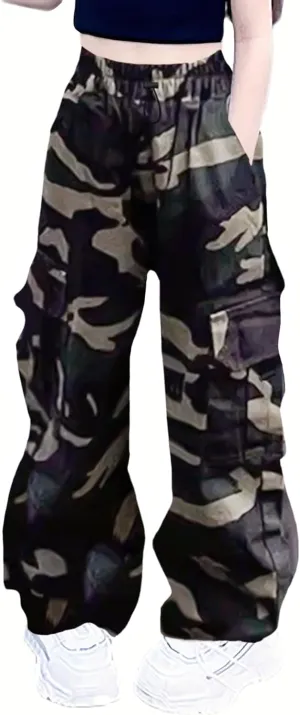 Girls Cargo Pants Elastic Waist Drawstring with Pockets Pants, 6-14 Years