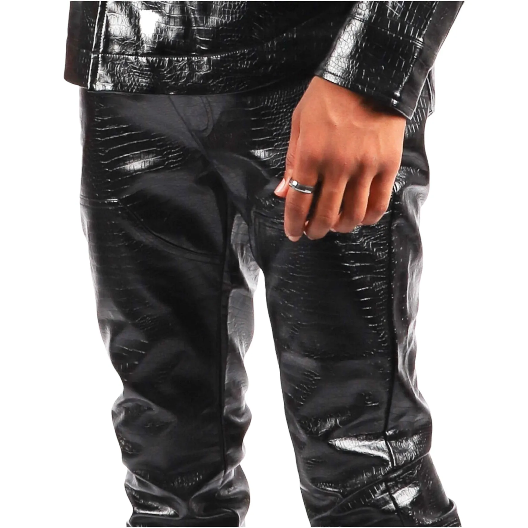 MAJESTIK: Shiny Snakeskin Stacked Pants DL2352