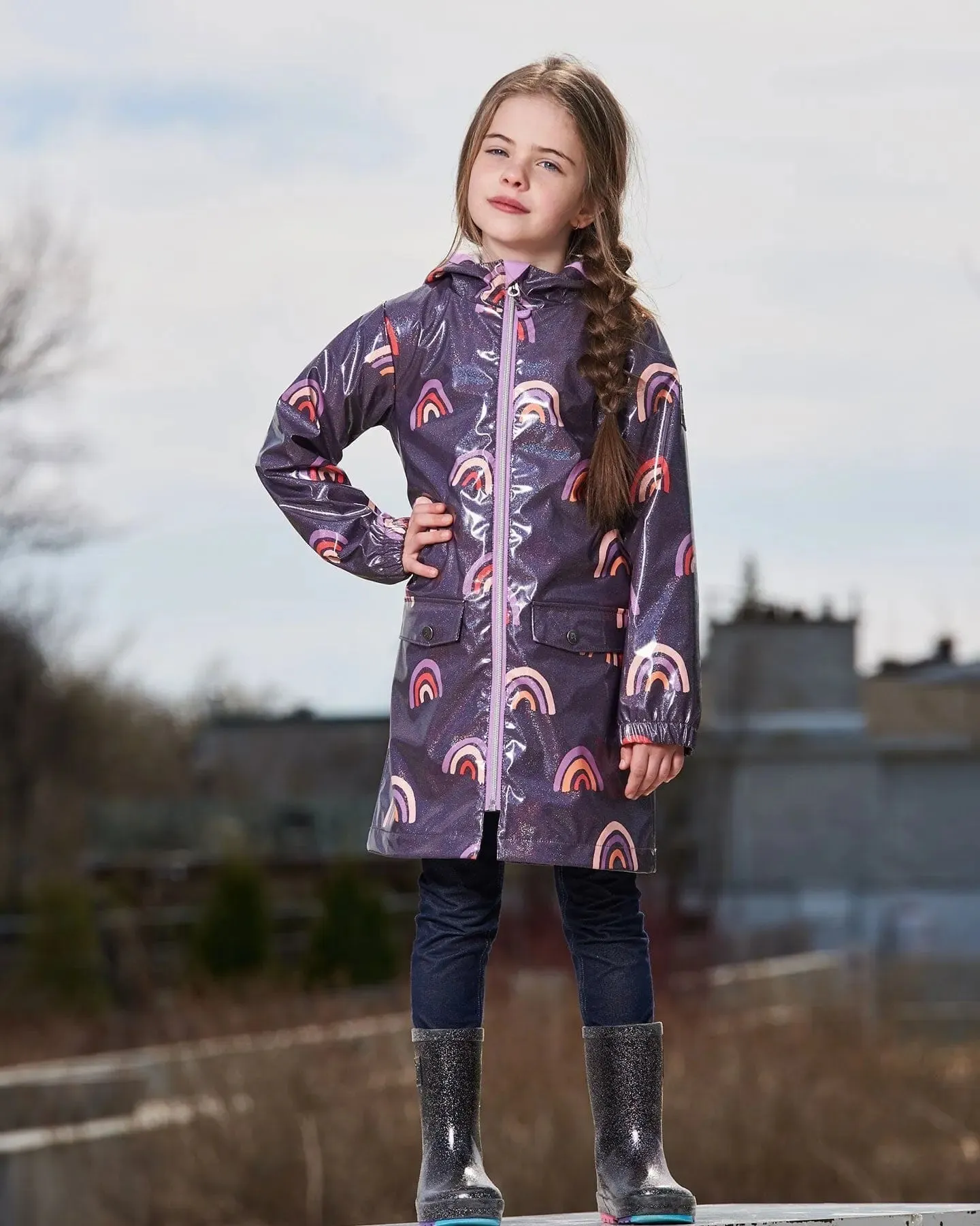 Printed Rain Coat With Hat Rainbow On Shiny Background