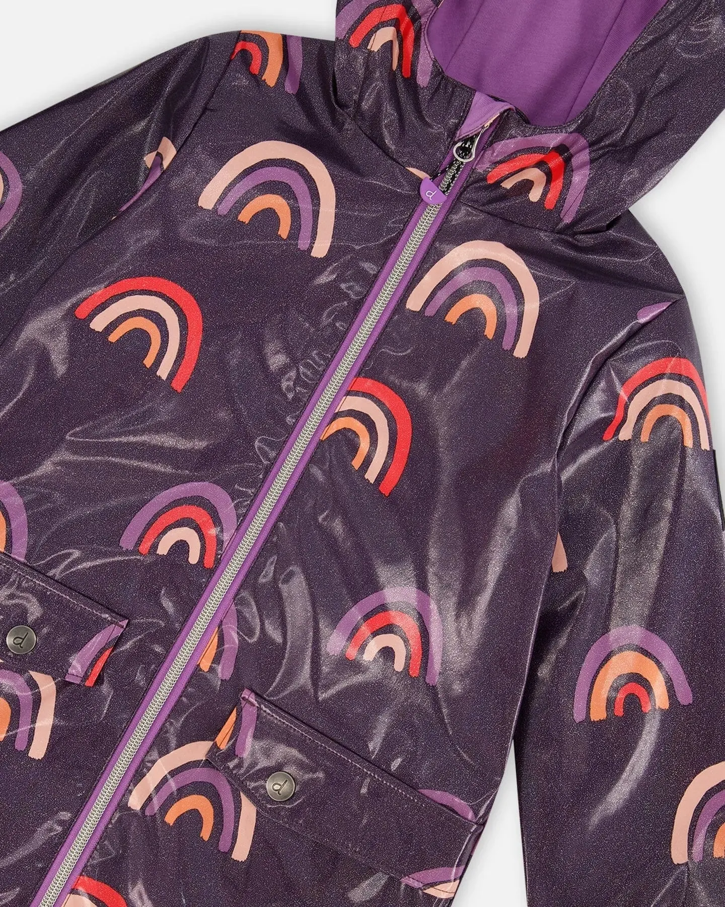 Printed Rain Coat With Hat Rainbow On Shiny Background