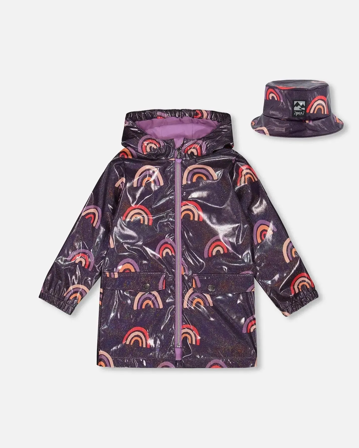 Printed Rain Coat With Hat Rainbow On Shiny Background