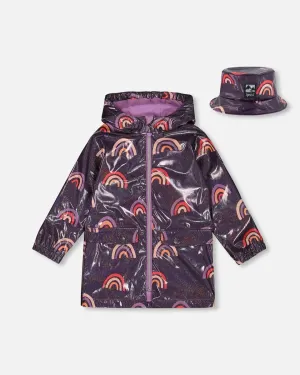 Printed Rain Coat With Hat Rainbow On Shiny Background