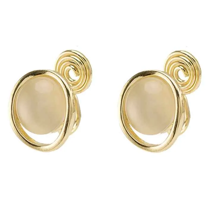 Round Beige Gold Dome Crystal Coil Clip On Earrings