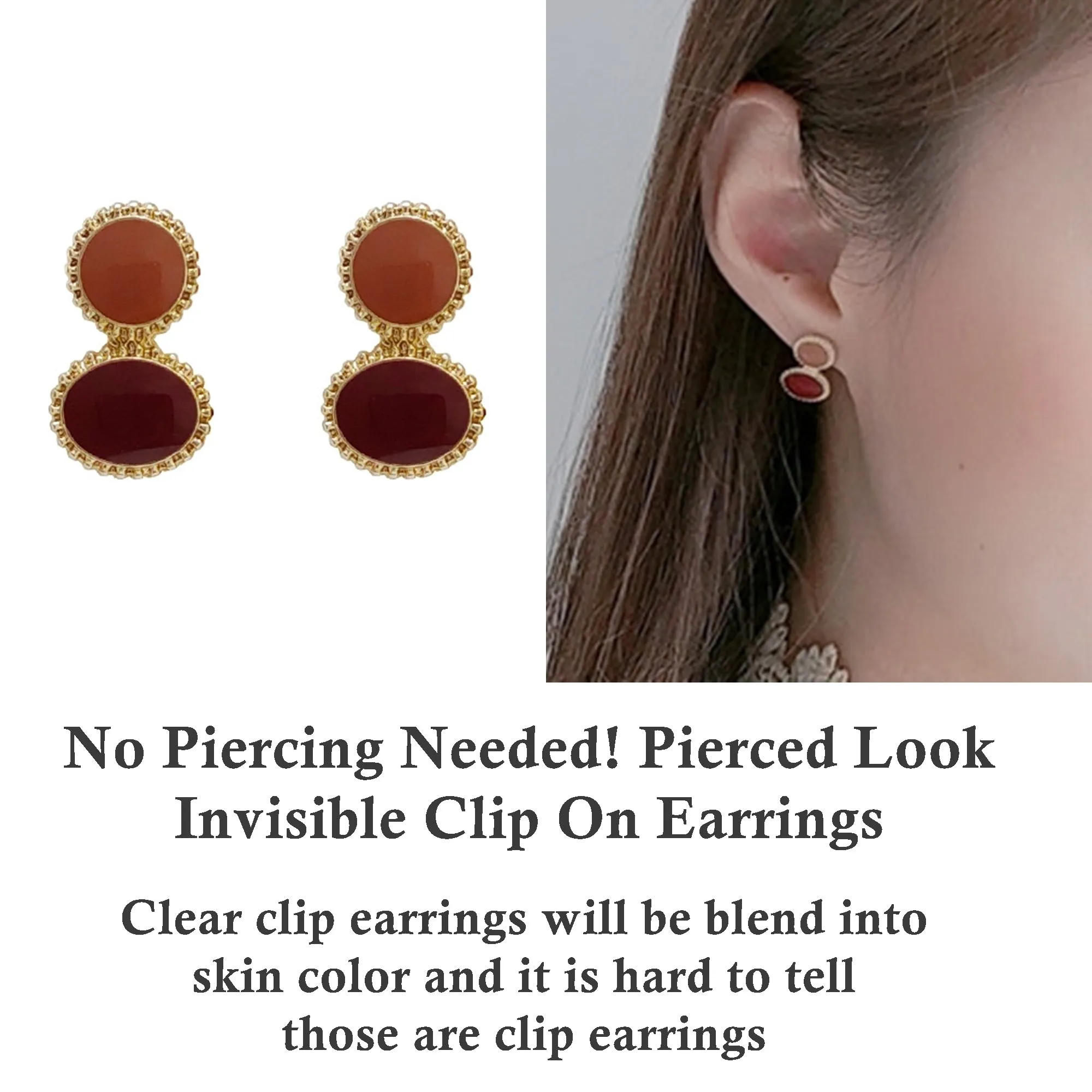 Round Brown Invisible Clip On Stud Earrings