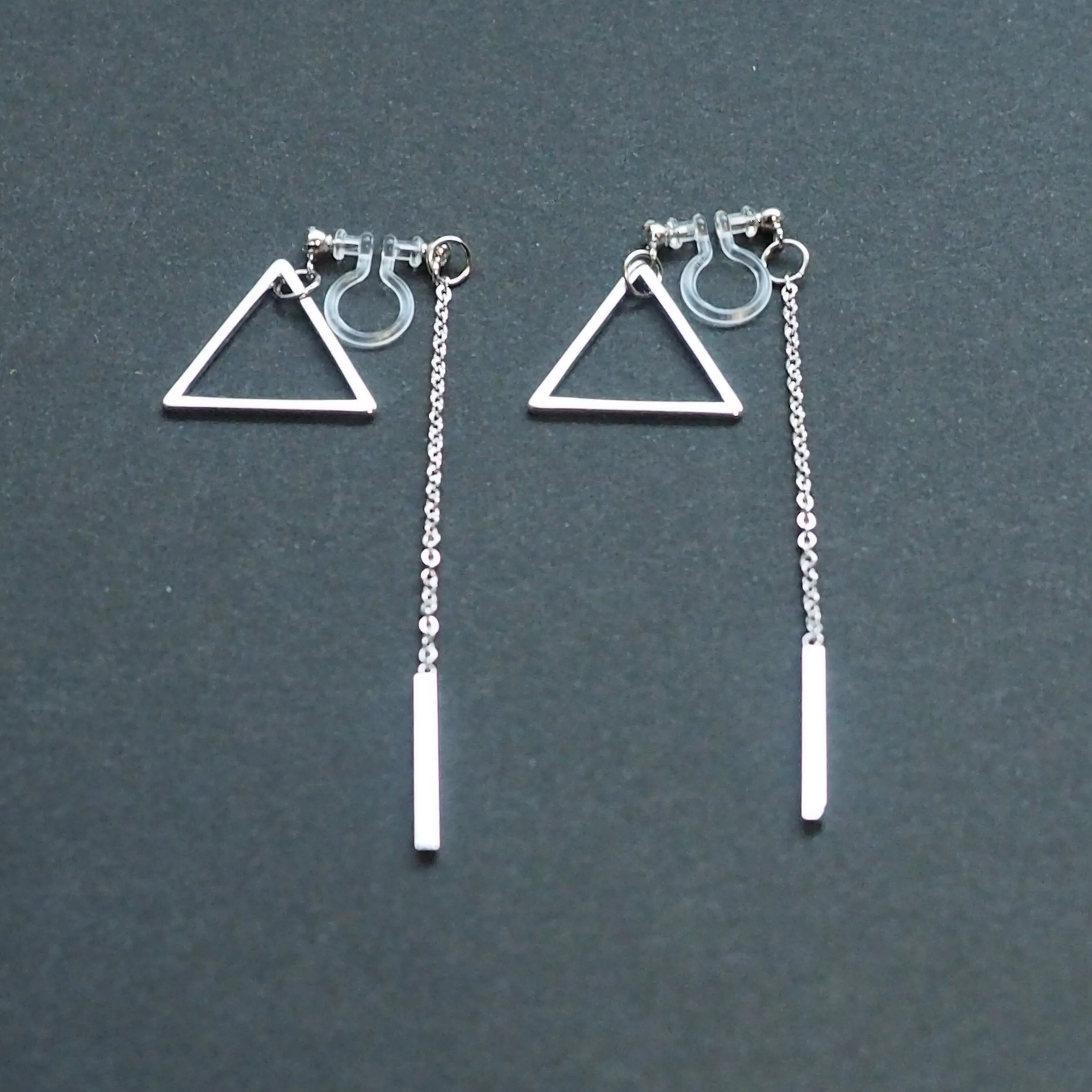 Silver Double-Sided Triangle and Bar Invisible Clip On Earrings