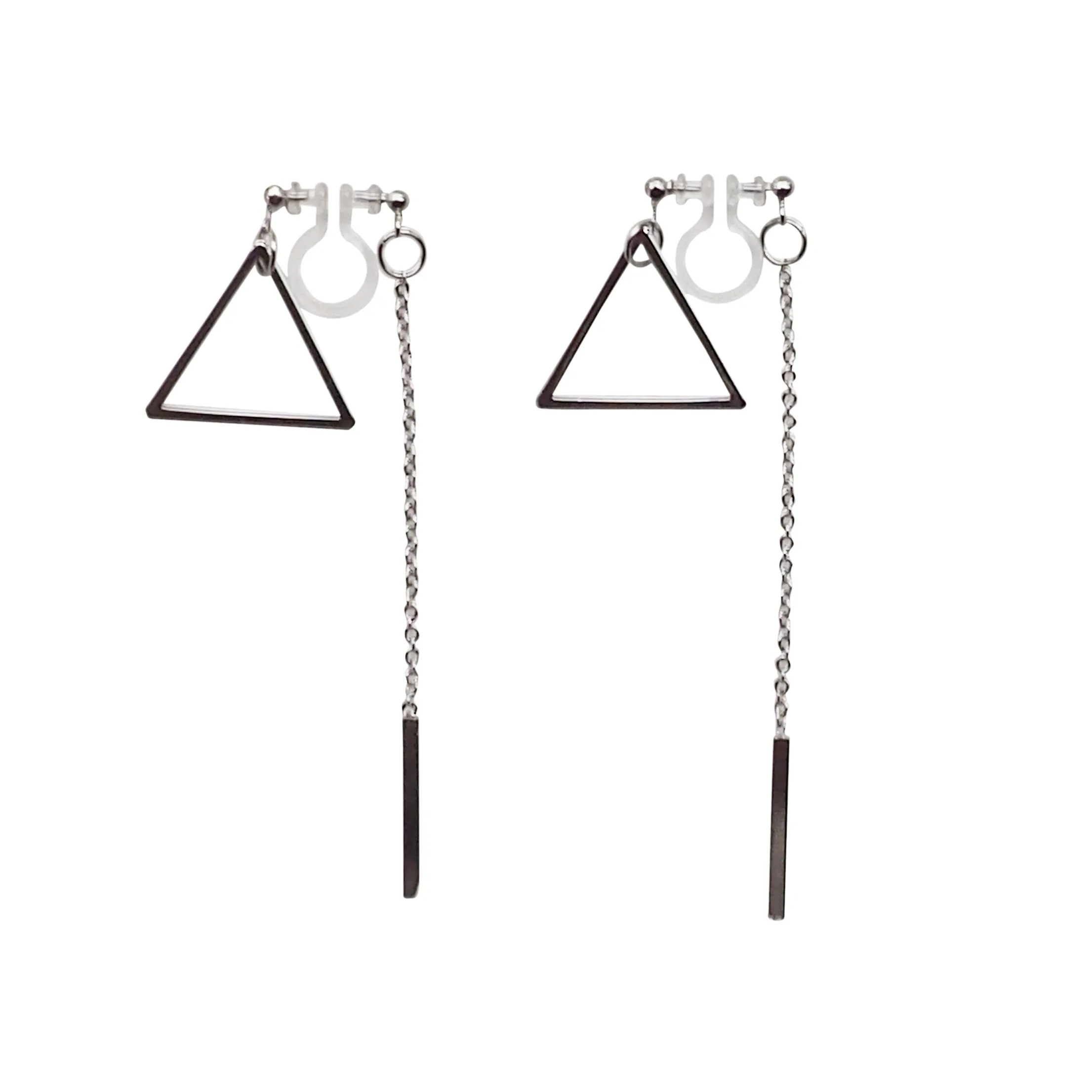 Silver Double-Sided Triangle and Bar Invisible Clip On Earrings