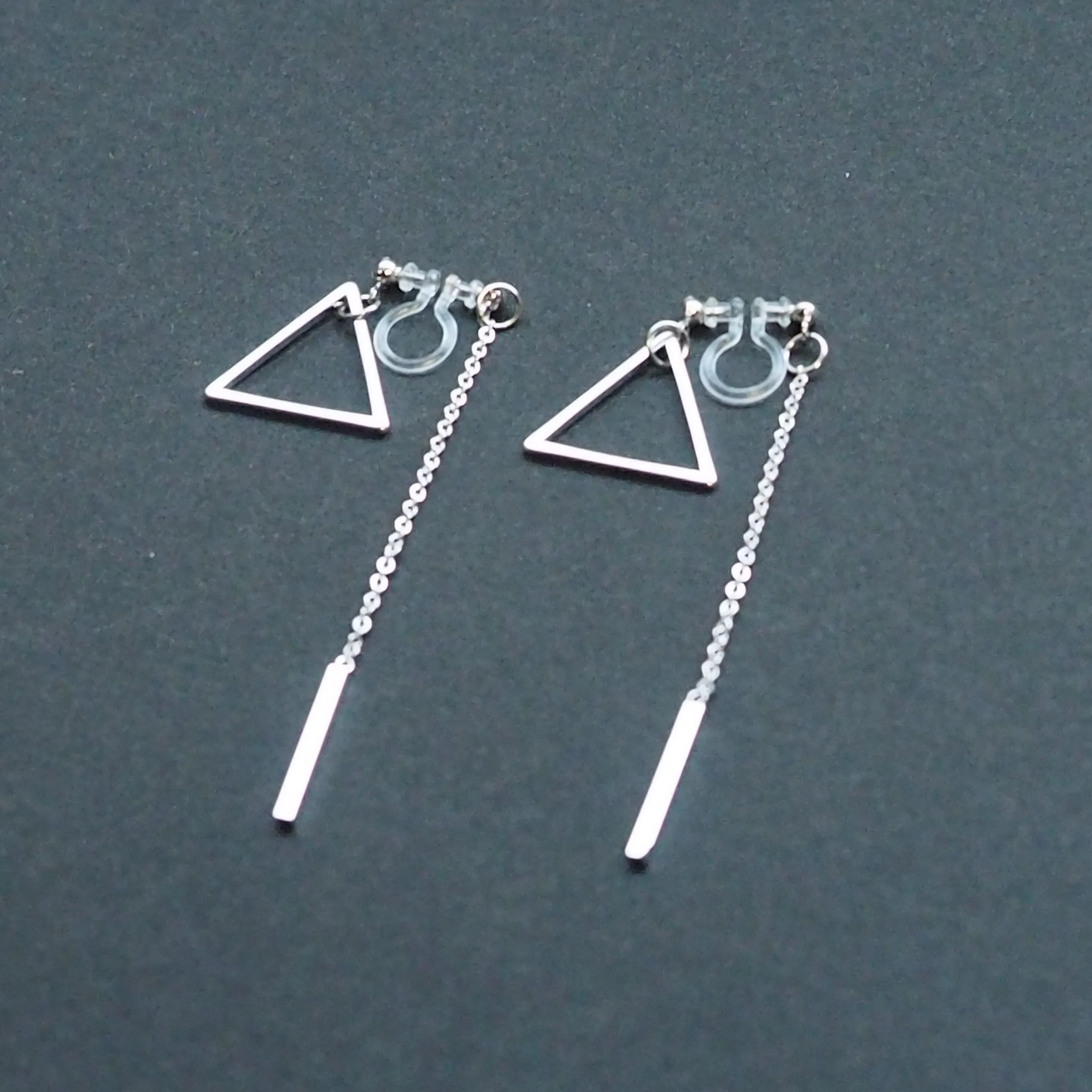 Silver Double-Sided Triangle and Bar Invisible Clip On Earrings