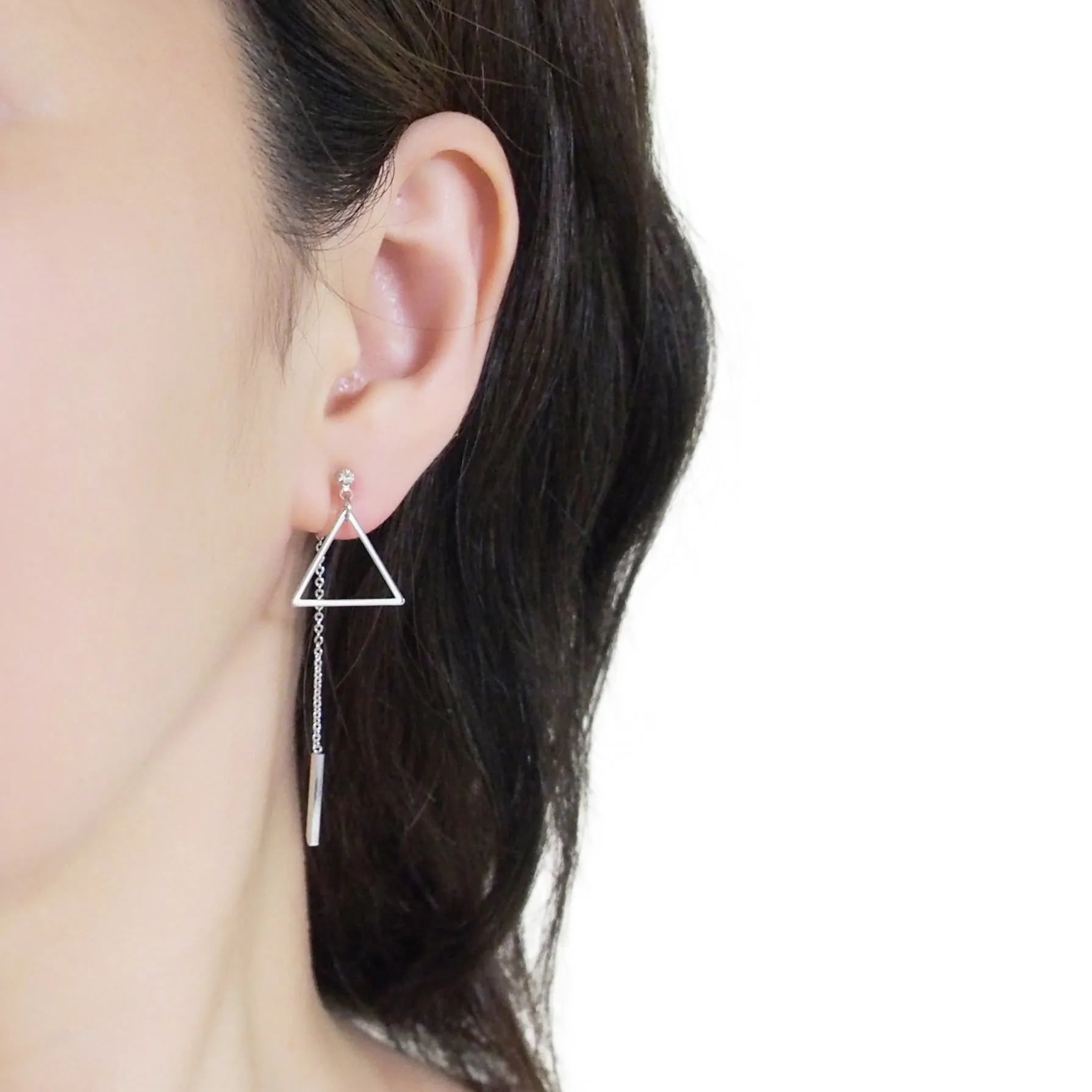 Silver Double-Sided Triangle and Bar Invisible Clip On Earrings